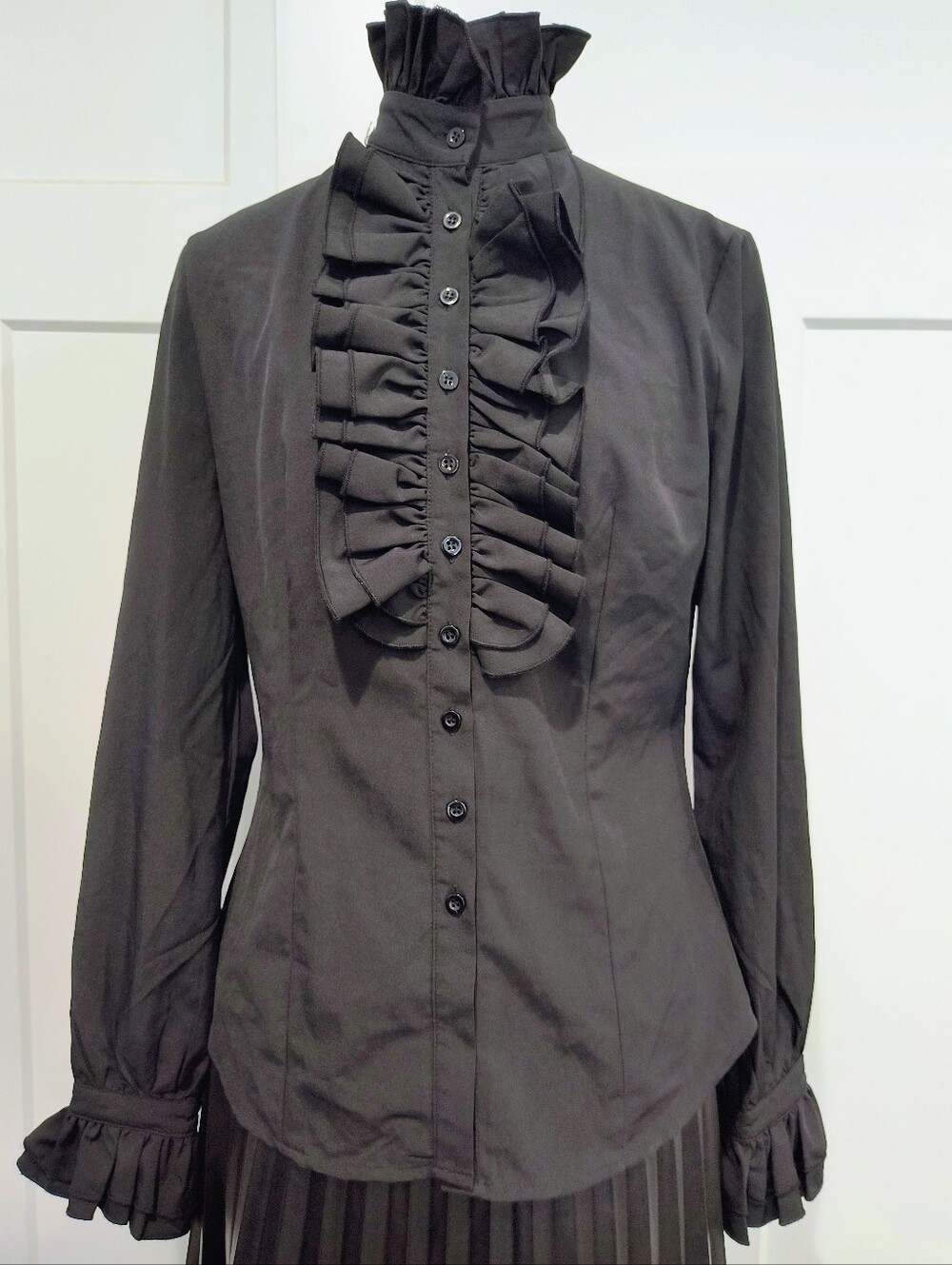 Tailored Ruffle Front Black Button-Down Blouse